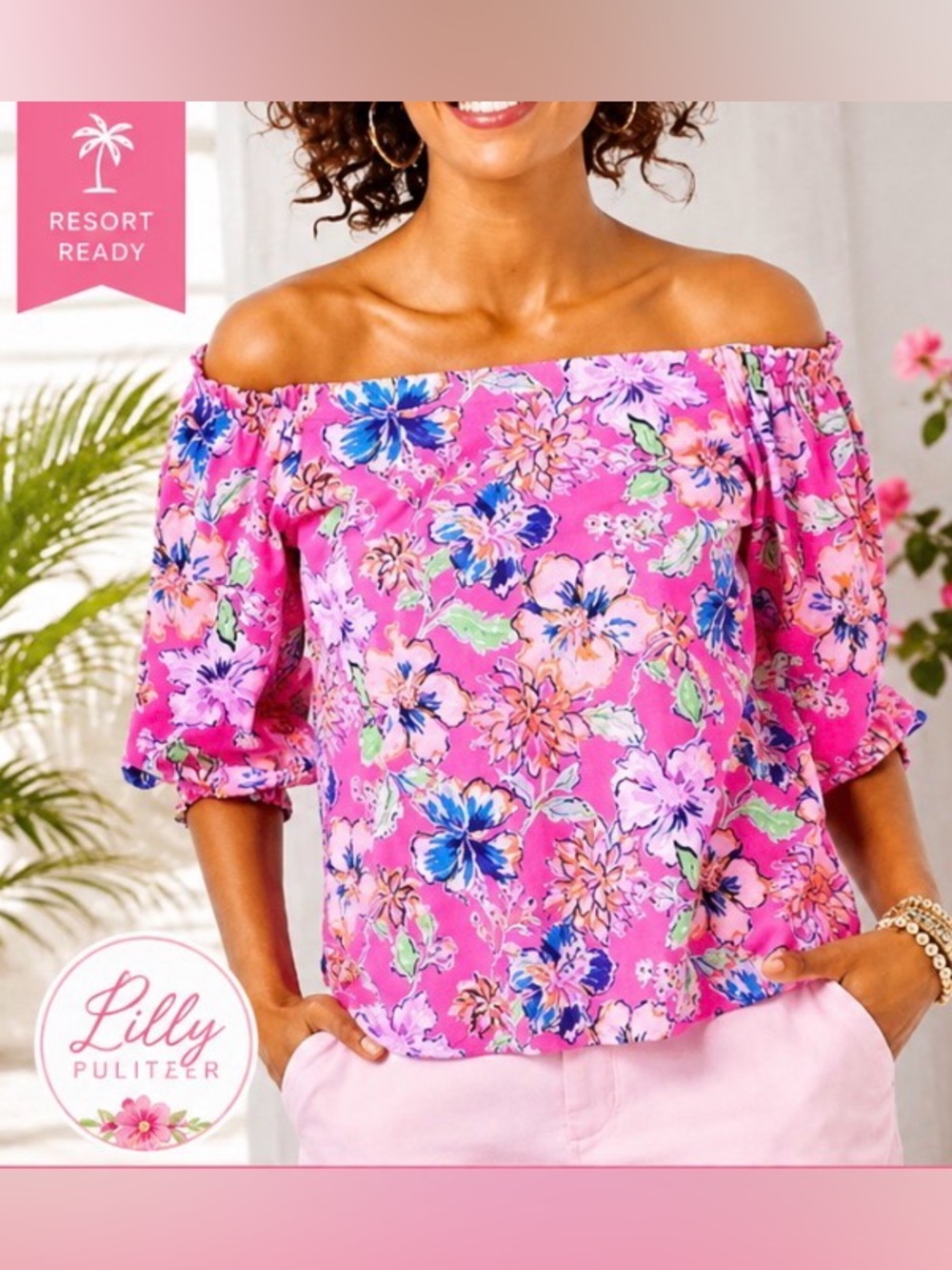 235 Lilly Pulitzer Lessa Off Shoulder Top XS Pink Floral Cotton Resort Blouse